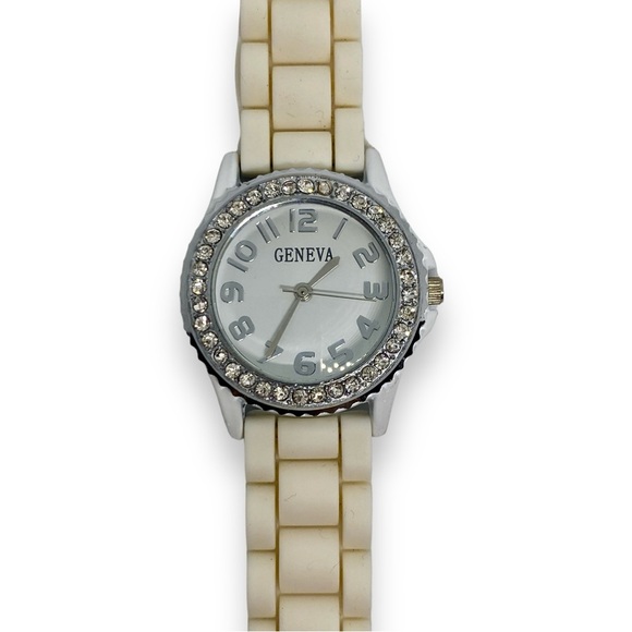 Geneva Jelly Gel Silicone Band Watch w. Rhinestone Face in Cream & White - Picture 3 of 8
